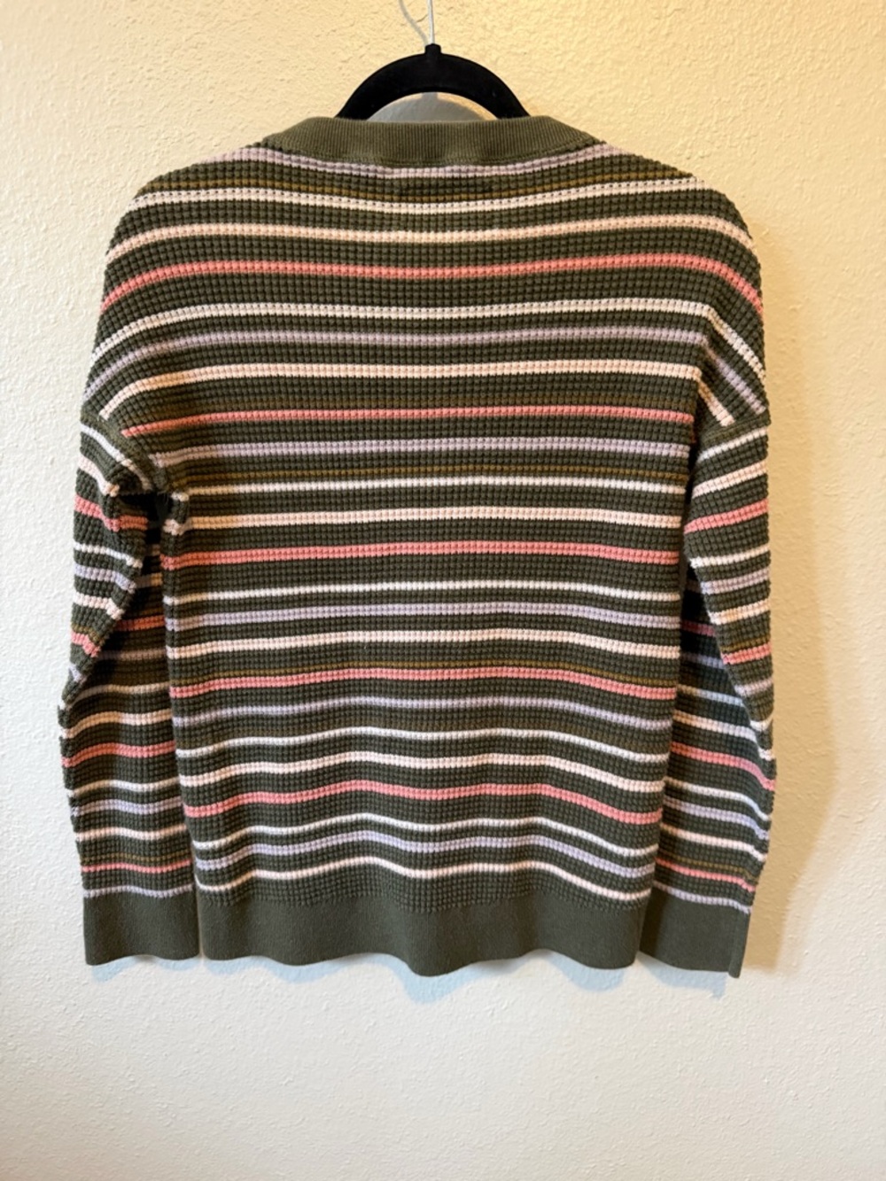 REI Co-op Striped Waffle Knit Sweater Women's XS 100% Cotton Olive Green Pink - Picture 3 of 7